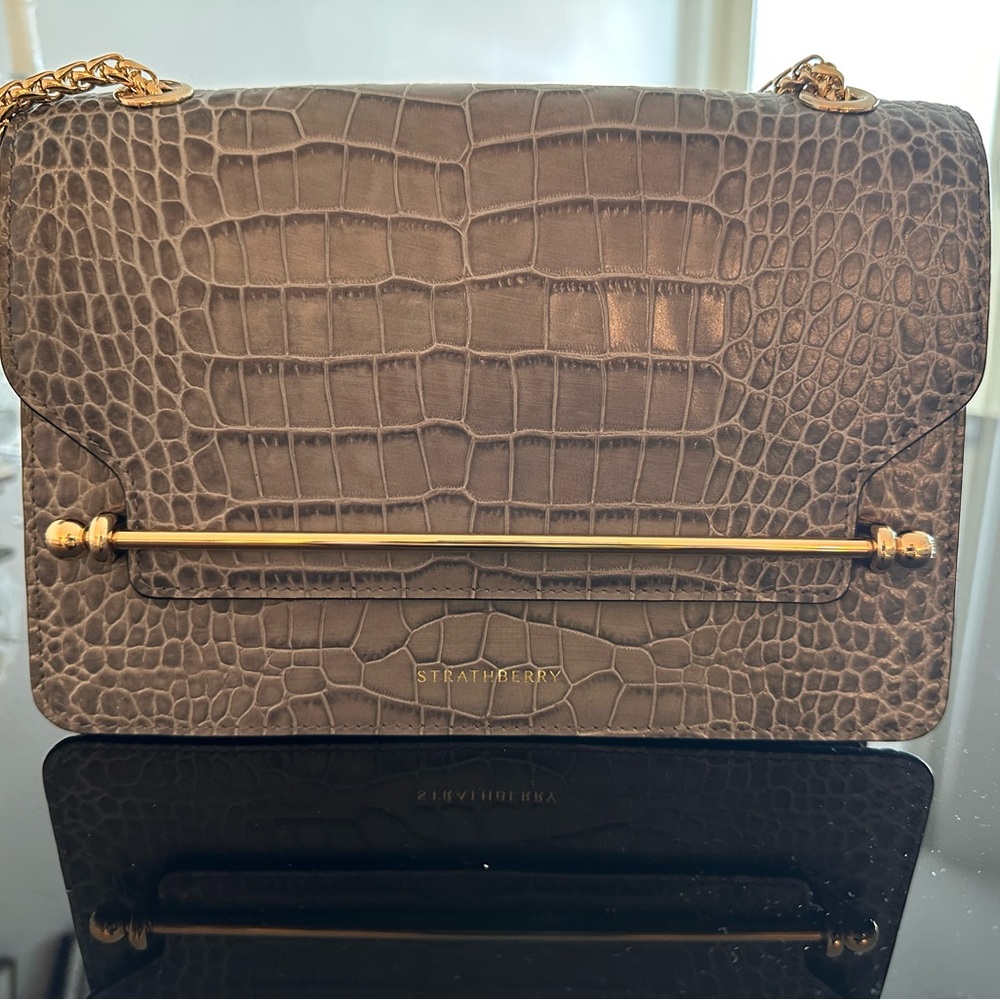 Strathberry Croc-Embossed Grey Shoulder Bag